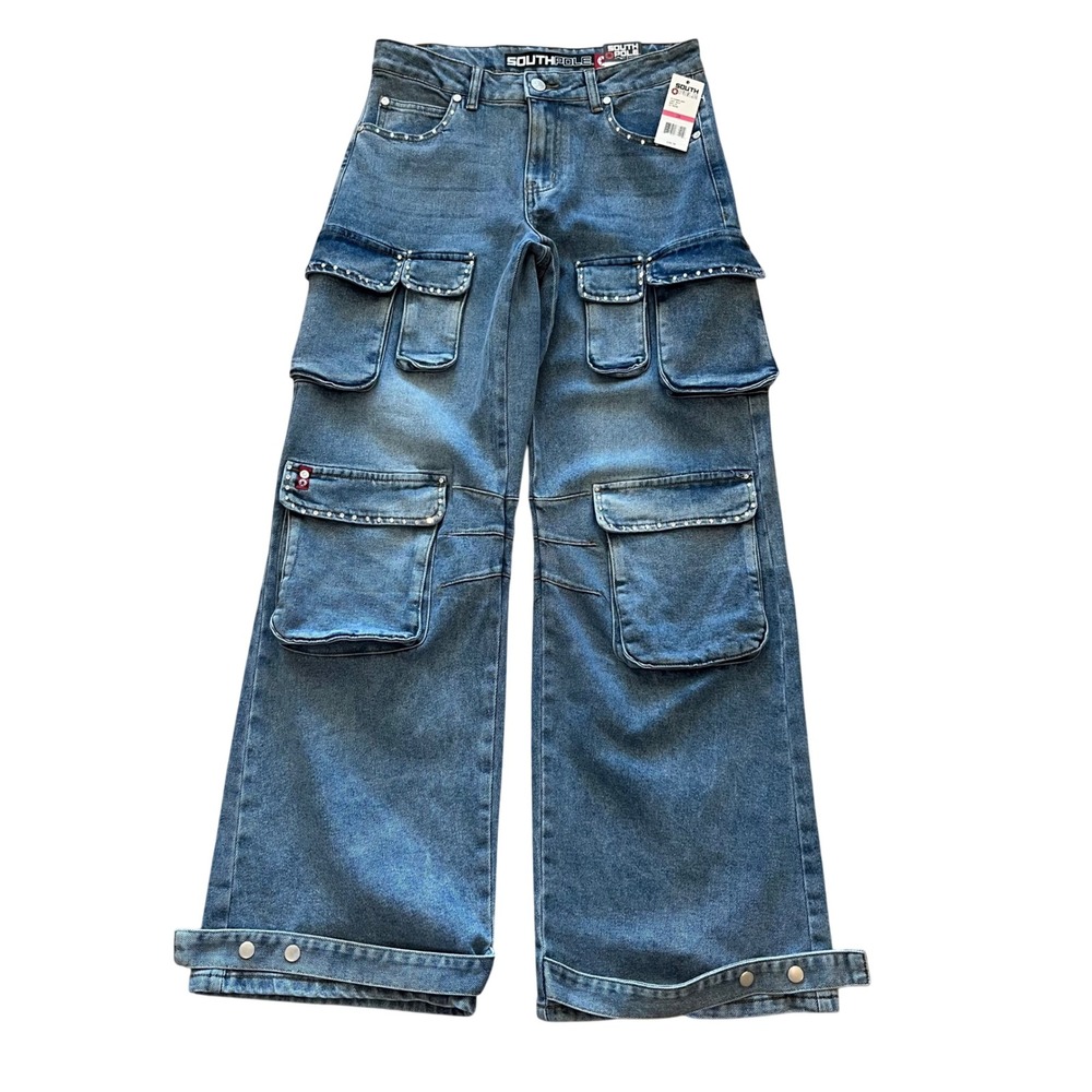 Southpole Womens Wide Leg Cargo‎ Jeans Light Wash Rhinestone Studded Sz 3/26 NEW